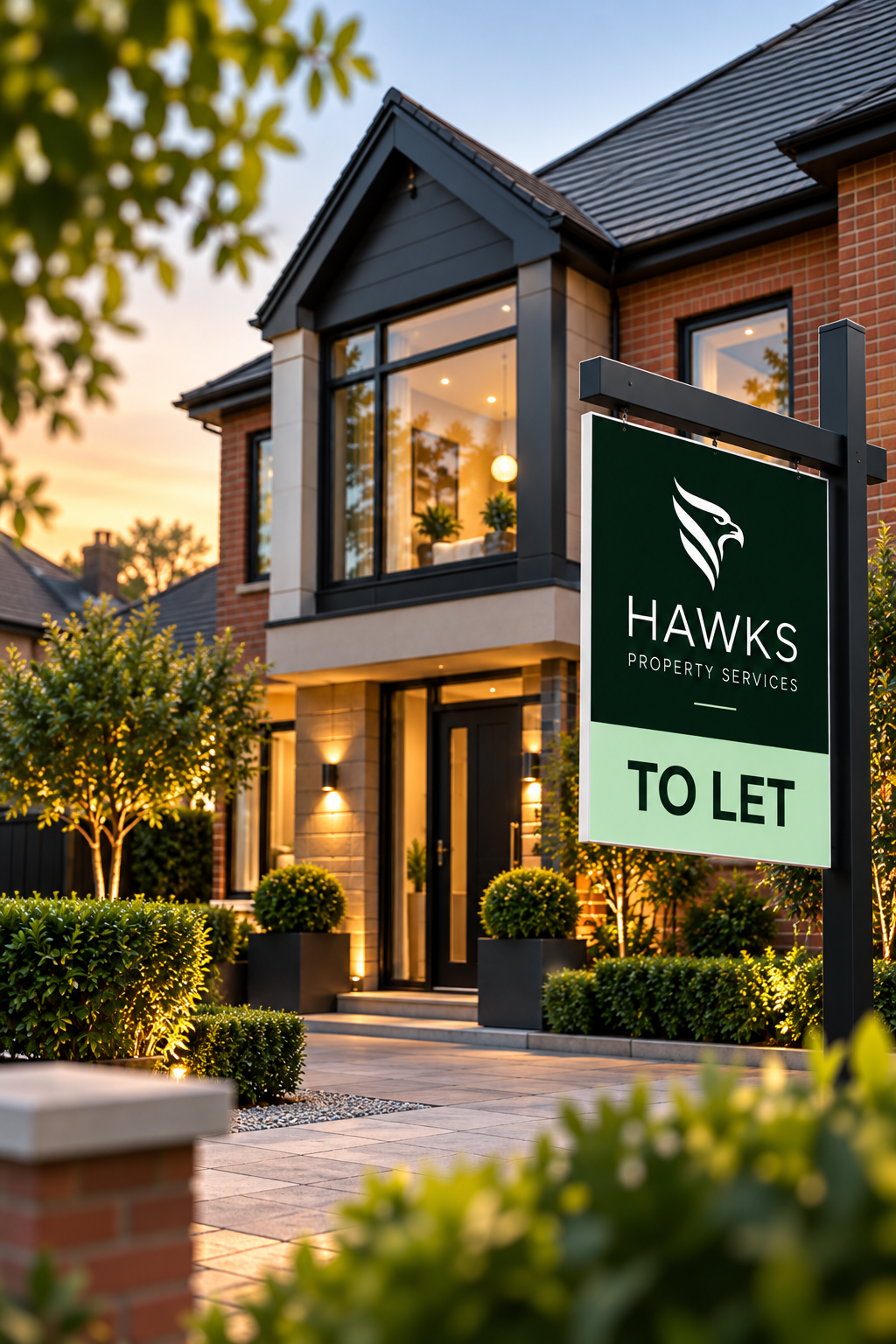 Modern brick house with a HAWKS To Let sign