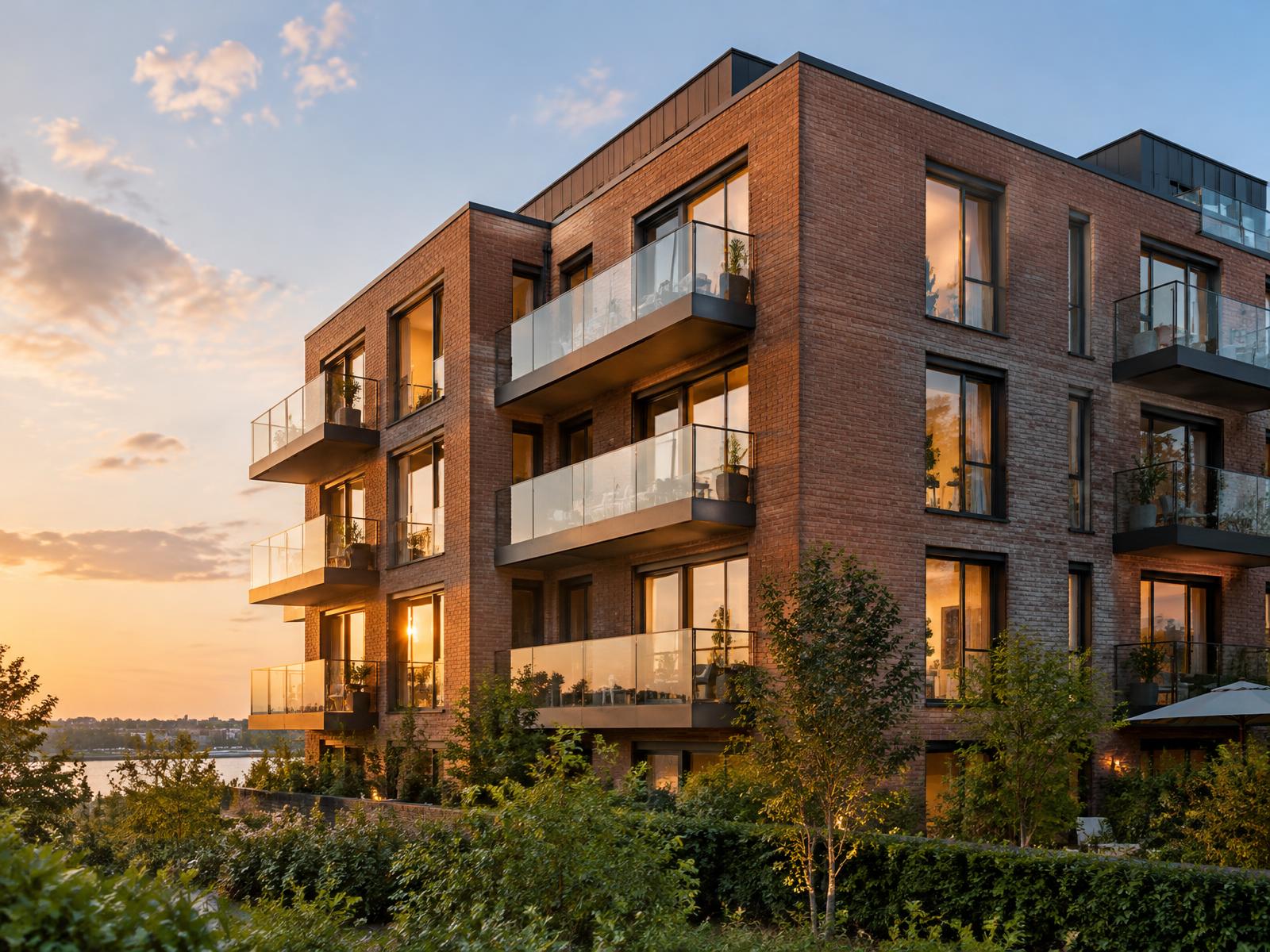 Modern brick apartment building at dusk